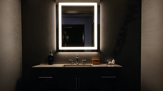 Modern bathroom vanity with illuminated mirror in dark setting  
