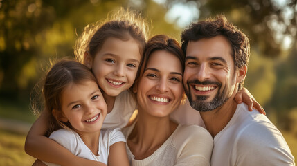 Happy family embracing in a sunny park during the afternoon  