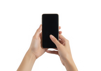 Hands holding smartphone with finger touching screen isolated on transparent background