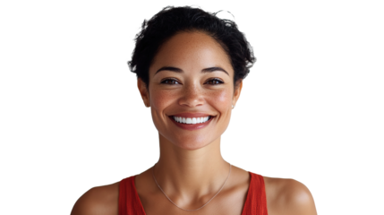 A beautiful young woman wearing a red tank top with a happy smile on her face while looking at the camera, isolated on transparent. PNG