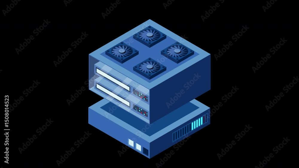 Poster Isometric futuristic server animation. Isometric database or data center. Abstract blockchain. Computer storage. Cloud storage. Transparent background with alpha channel