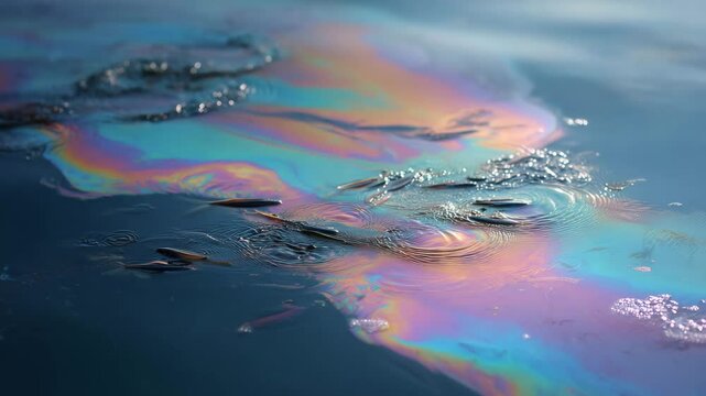 Colorful oil slick patterns shimmering on water surface with iridescent reflections
