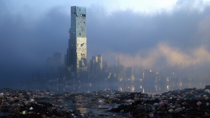 Futuristic Skyscraper Surrounded by Pollution and Reflective Waters