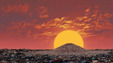 Dazzling Sunrise Over a Plastic Pollution Landfill with Hopeful Horizon