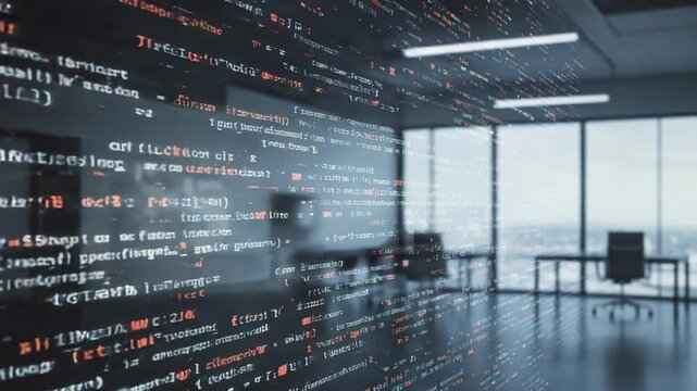 Data Center Corridor Smooth Tracking Shot Of Server Racks And Code