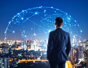 Businessman views global network over cityscape at night
