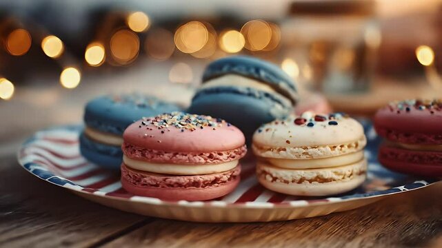 Colorful macarons on festive plate sweet treats closeup view