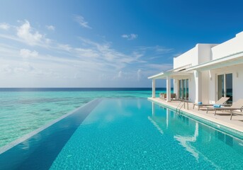 Fototapeta premium Luxury villa with infinity pool overlooking turquoise ocean and blue sky