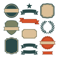 A collection of black and white vintage-style badge, ribbon, and label designs. Includes circular, shield, star, and laurel wreath frames, ideal for creating logos, emblems, labels, certificates, and 
