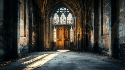 Fototapeta premium Mysterious Gothic Doorway with Stained Glass Windows in an Ancient Hall