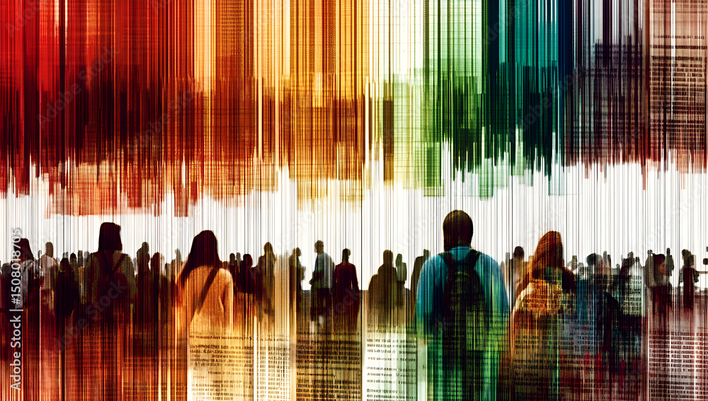 Poster abstract depiction of a diverse crowd moving beneath layered colorful vertical lines representing da