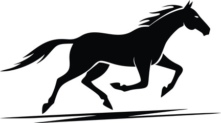 A solitary black horse gallops powerfully forward over minimalistic ground representation in silhouette vector