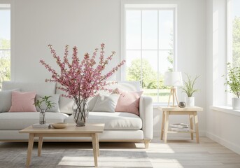 Bright living room with pink flowers on a coffee table and a white sofa