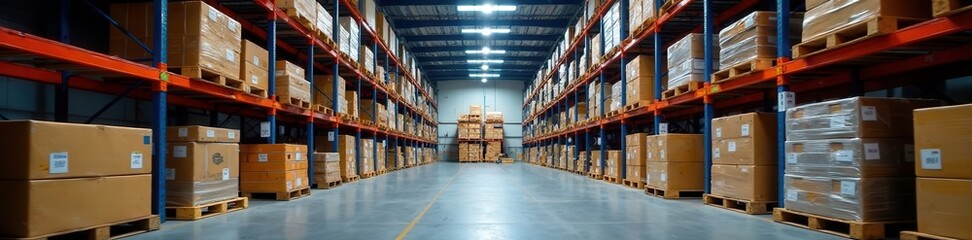 High-bay warehouse interior, pallets stacked high, lifting, racks