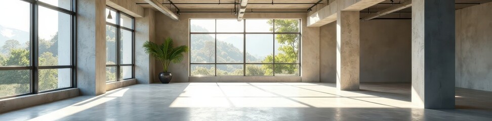 Open-plan loft with natural light large windows, polished concrete floors, geometric shapes, neutral palette, style, office
