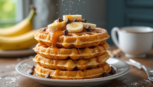 Delicious Stack of Golden Waffles with Sliced Bananas, Chocolate Chips, and Caramel Drizzle, Powdered Sugar Dusting on a Cozy Breakfast Setting