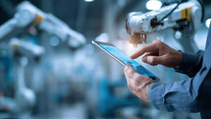 Automation Efficiency: A human hand interacts with a digital tablet, overseeing a state-of-the-art industrial robotic arm assembly line. - Powered by Adobe
