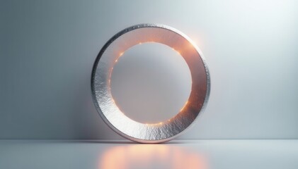 Shimmering silver circle on light backdrop, minimalist abstract design, silver, bright