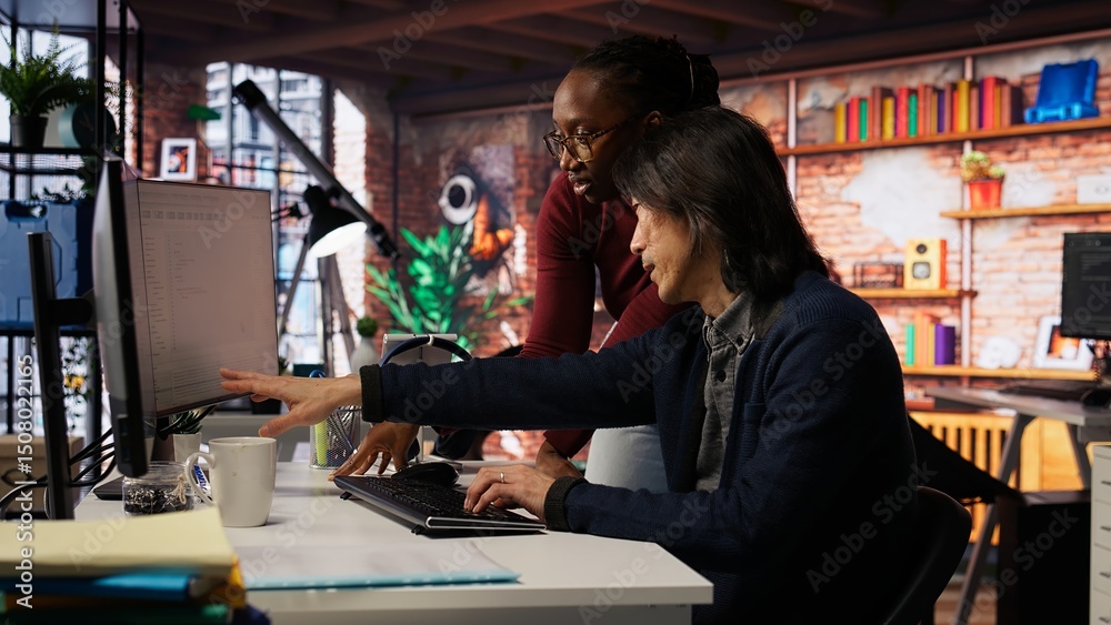 Poster programmer coming to ai startup office cto manager desk to request help. employee asks questions to 