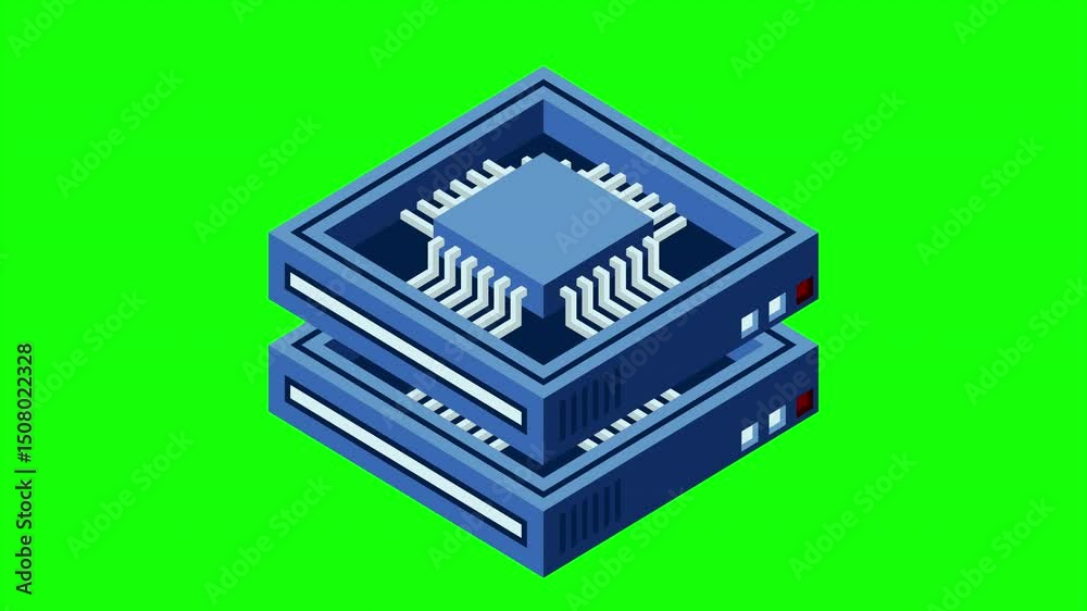 Poster Isometric futuristic server animation. Isometric database or data center. Abstract blockchain. Computer storage. Cloud storage. 4K video animated in isometric style