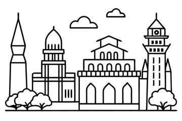 Obraz premium Black outline architectural building line drawing depicts city skyline with stylized clouds above