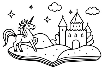 Black outline art shows a unicorn beside a castle with clouds and stars