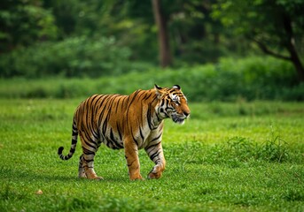 Obraz premium Bengal tiger walking in a grassy field with trees in the background