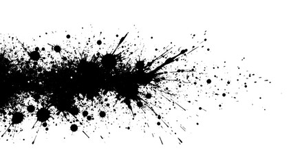 Black ink splash illustration with textured paint drops.
