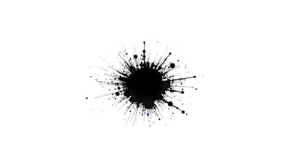 Black ink splash illustration with textured paint drops.

