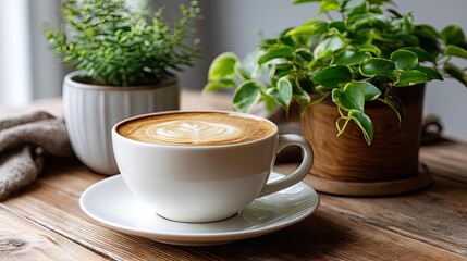 Coffee art latte on wooden table with natural light concept. A cozy coffee cup with latte art surrounded by green plants.