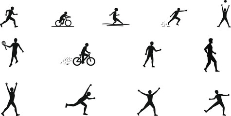 A set of public sport equipment icons in black silhouettes, featuring widely practiced sports symbols. 