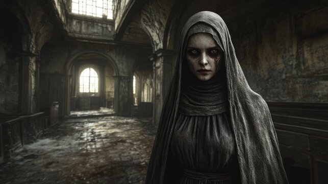 a scary and eerie ghost church nun, Eerie nun menaces in darkened room, Halloween idea. 
