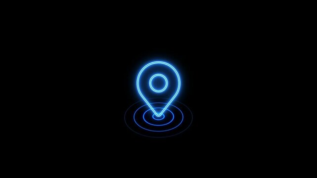 Glowing neon map pointer with icons on black background. Home location pin animation.