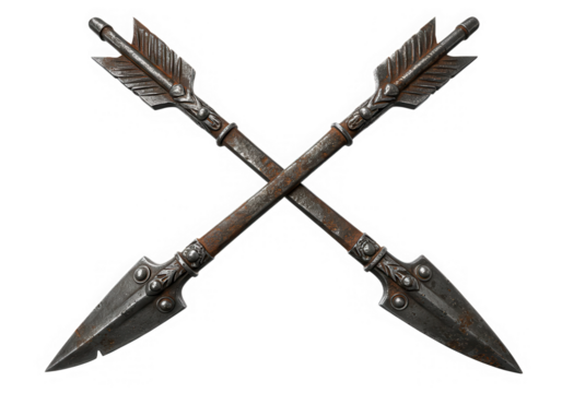 Crossed medieval arrows, ancient weapon isolated on transparent background
