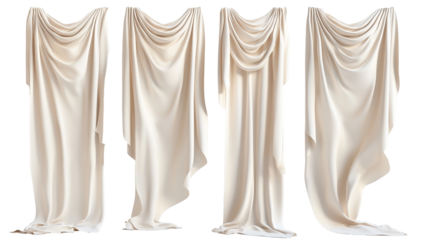 Elegant white silk curtain fabric hanging gracefully, perfect for a wedding or fashion decoration, isolated on transparent background. PNG