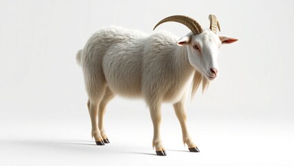 Obraz premium 3D Render of Cute White Goat with Horns on White Background – Cartoon Farm Animal Illustration