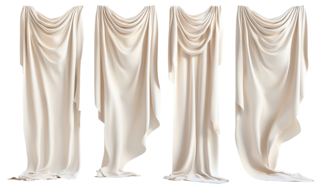 Elegant white silk curtain fabric hanging gracefully, perfect for a wedding or fashion decoration, isolated on transparent background. PNG
