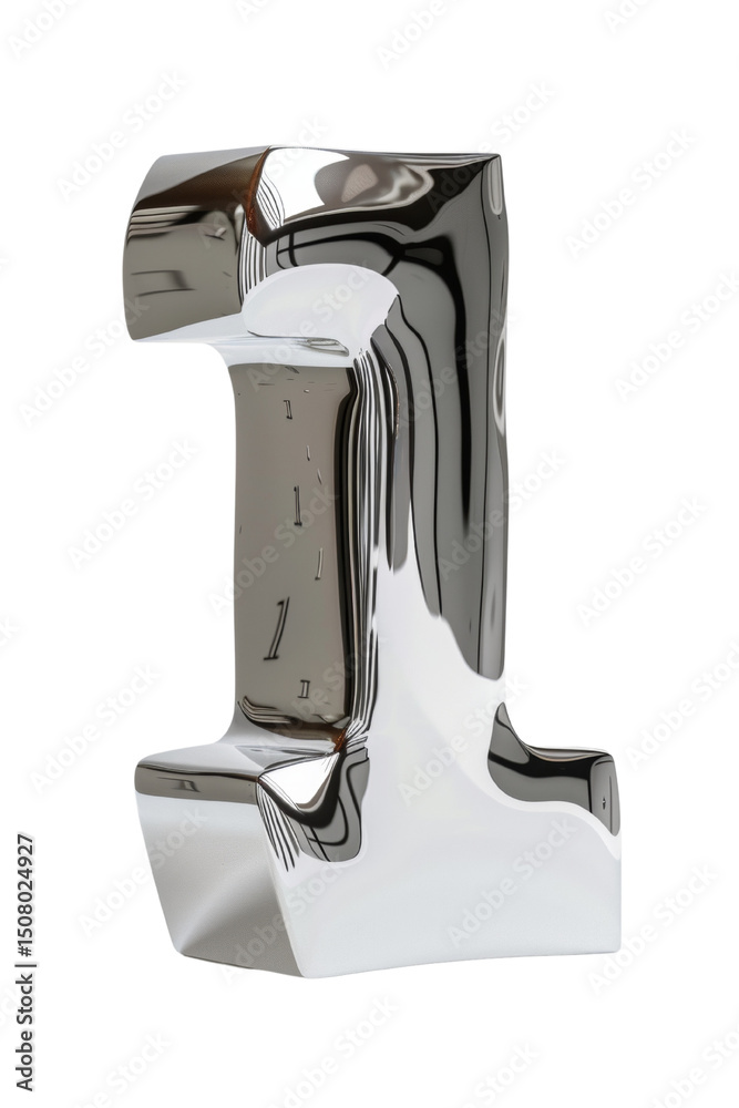 Poster abstract chrome number one sculpture with reflective surfaces on white background