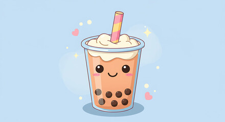 Adorable Cartoon Boba Tea with Whipped Cream and Straw Illustration