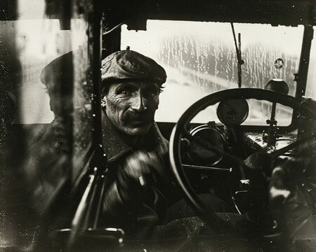 Fototapeta Vintage car interior, man driving