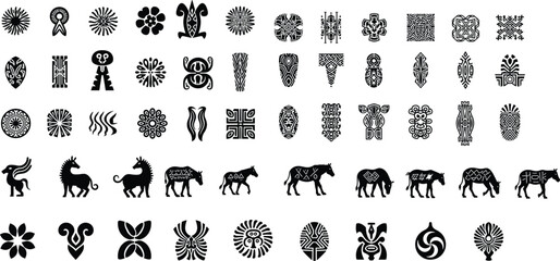 A set of black silhouettes of various African patterns, including geometric shapes, tribal motifs, and decorative lines. 