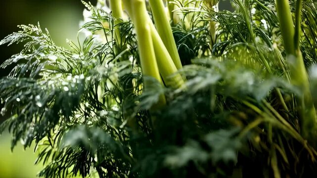 Fresh green asparagus spears and dill sprigs, healthy cooking ingredient presentation. Close-up of culinary vegetable presentation for cooking projects.