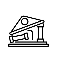 Bank Destroyed Line Icon. Black and White Bankrupt Outline Symbol