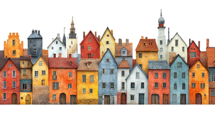 Illustration of colorful buildings in a row isolated on transparent background. PNG