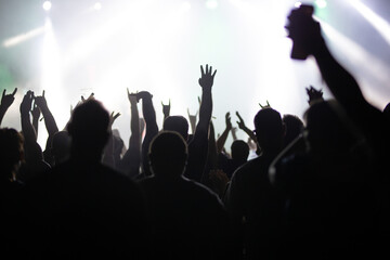 Crowd at concert and blurred stage lights.