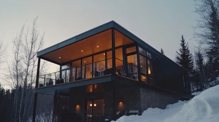 Obraz premium house in the snow, Metal Black Modern design shipping Container home made with containers.
