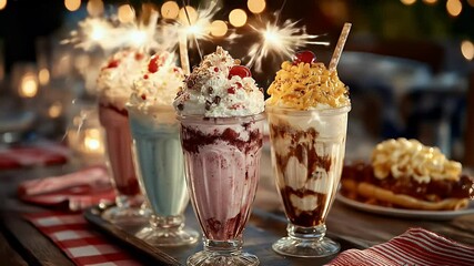 Creamy milkshakes with cherries and sparkler candles festive dessert drinks
