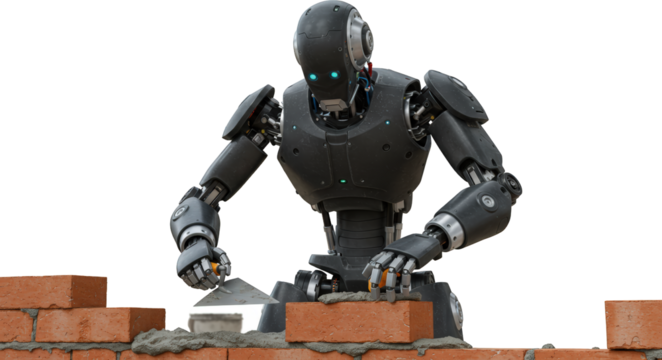 Futuristic Robot Construction Worker Building Brick Wall with Trowel