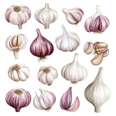 Botanical illustration featuring an assortment of garlic bulbs and cloves