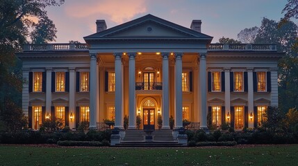 Obraz premium Grand mansion at twilight, illuminated columns and windows